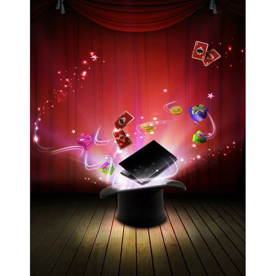 Rideau rouge scène Photo décors chapeau magique cartes à jouer coffrets cadeaux enfants enfants Studio photographie fond plancher de bois