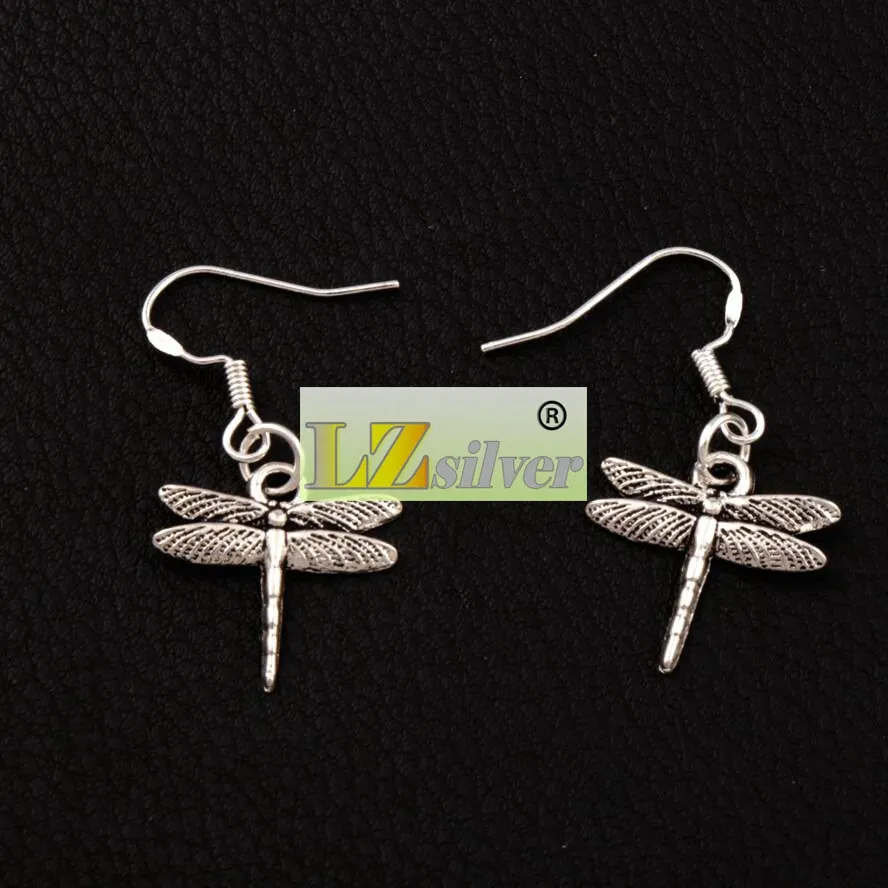 Luftfoil Flying Dragonfly Dangle Candelier Örhängen 925 Silver Fish Ear Hook / E968 17x32.5mm