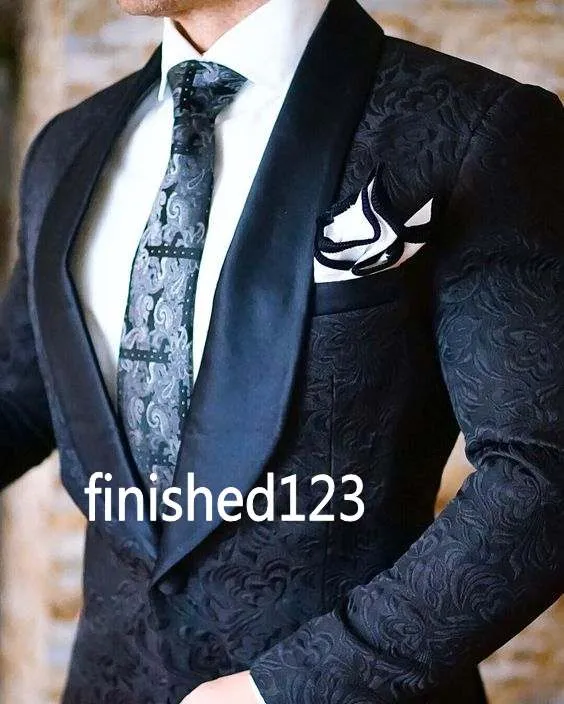 Classic Design Black Groom Tuxedos Groomsmen One Button Shawl Lapel Best Man Suit Wedding Men's Blazer Suits (Jacket+Pants) K406
