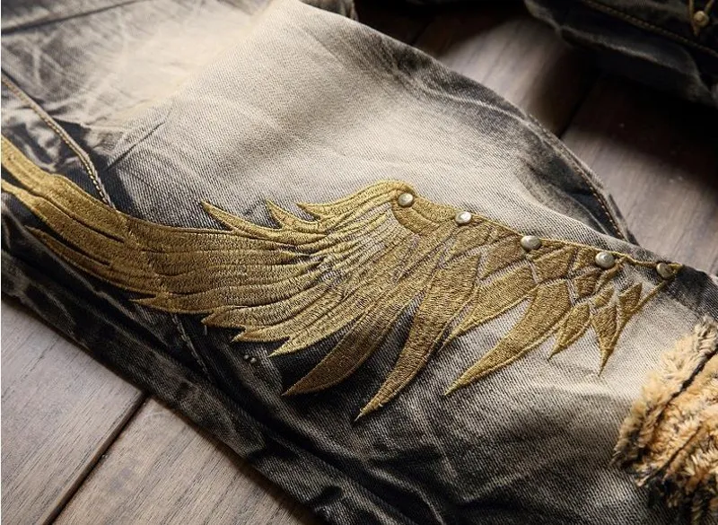 Vintage hombre marca Jeans Nouveau Mode Lancinate Pantalon bordado Golden Wings Fear Black Ripped Large size 28-42266o