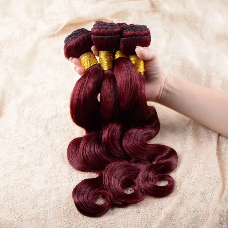 # 99J Vin Röd brasiliansk Virgin Remy Hair Extensions Body Wavy Wavy Virgin Human Hair Weaves 3st / 300gram Brasilianska Burgundy Hårbuntar