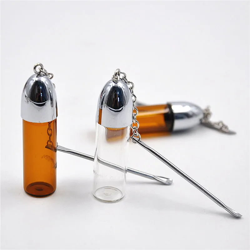 Mini Small Size Silver Smoking Accessories Brown Glass Snuff Case Snuff Bottle with Metal Spoon Spice Bullet Rocket Snorter