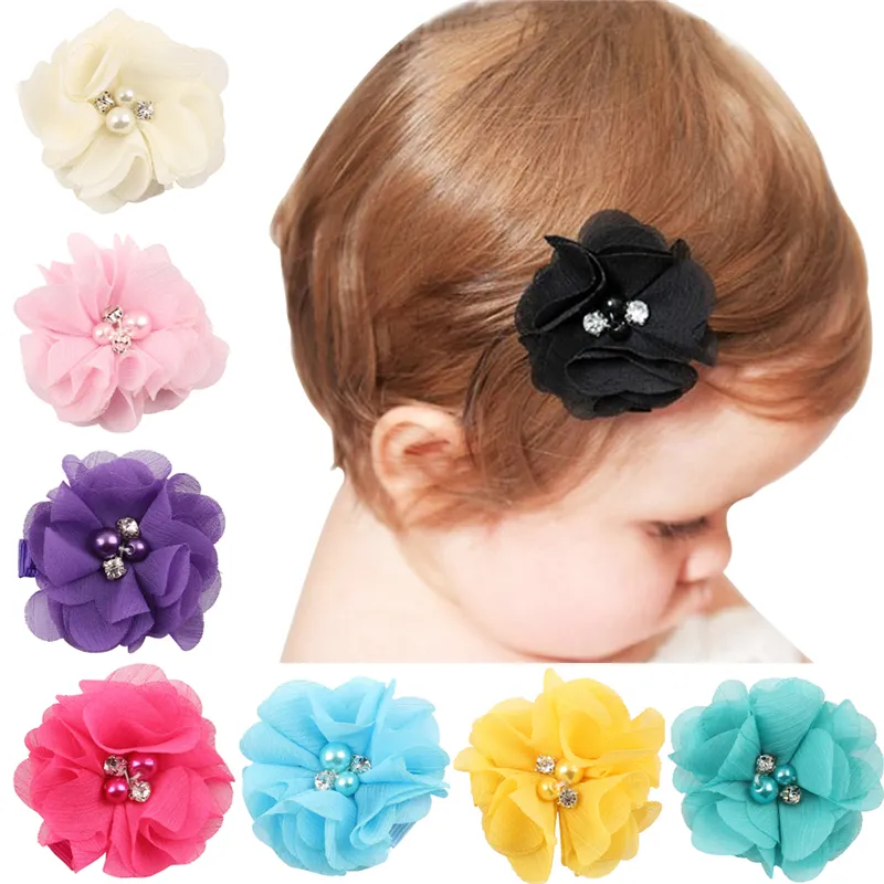 Bebê meninas presilhas grampos de cabelo crianças barrette criança infantil flores hairpin crianças acessórios para o cabelo bobby pin com pérola strass qh064