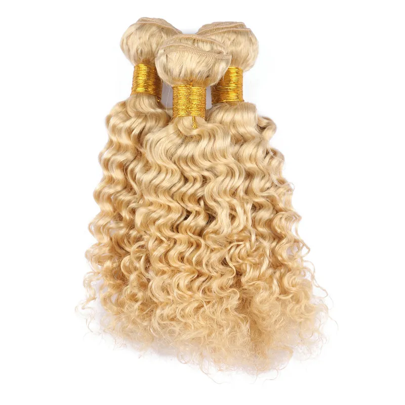 熱い販売9A深い波の波のようなブロンドの髪の織り解凍されていないブロンド＃613ブラジル人の髪の毛の緯度の延長部3バンドル送料無料