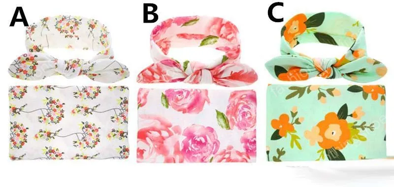 Ny Borns Baby Blomma Swaddling Kläder Set Rabbit Ears Bow Headband + Swaddle Cloth Daisy Rose Floral Printing Mottagande filt