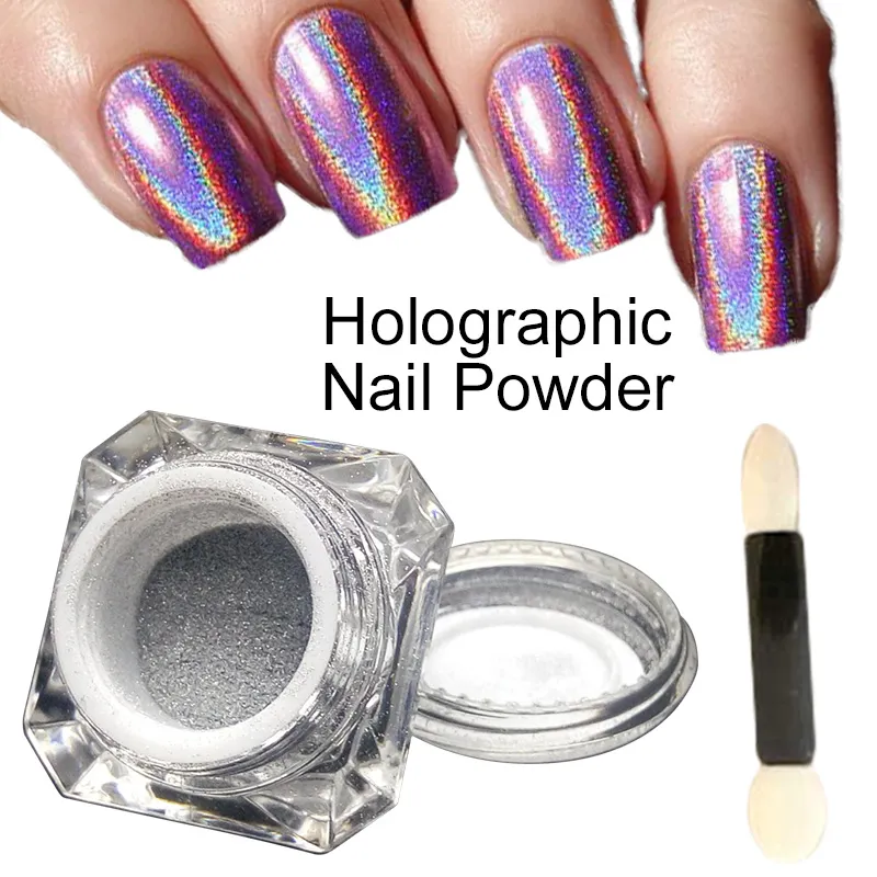 Wholesale-1g/Box 3D Shiny Glitter Silver Pigments Holographic Laser Powder for Nail Art Gel Polish Rainbow Chrome Shimmer Dust