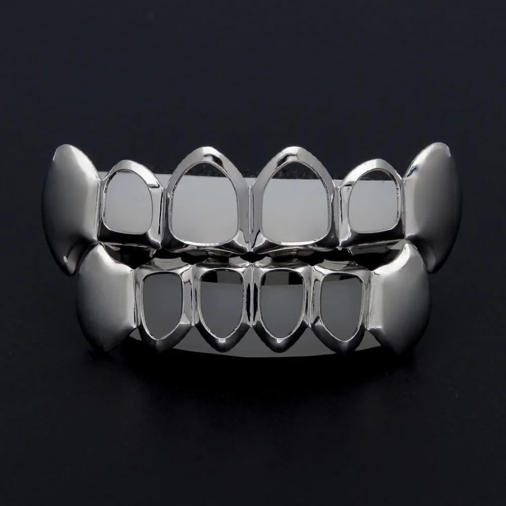 Nowy Hip Hop Custom Fit Grill Four Hollow Otwarta twarz Złote Usta Grillz Czapki górne dna z silikonowym zestawem zębów wampir