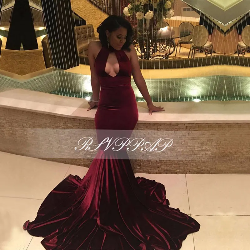 Sexy Long Prom Dress Burgundy Mermaid High Neck Backless Girl Black Special Occasion Dress Evening Party Gown Custom Made Plus Size