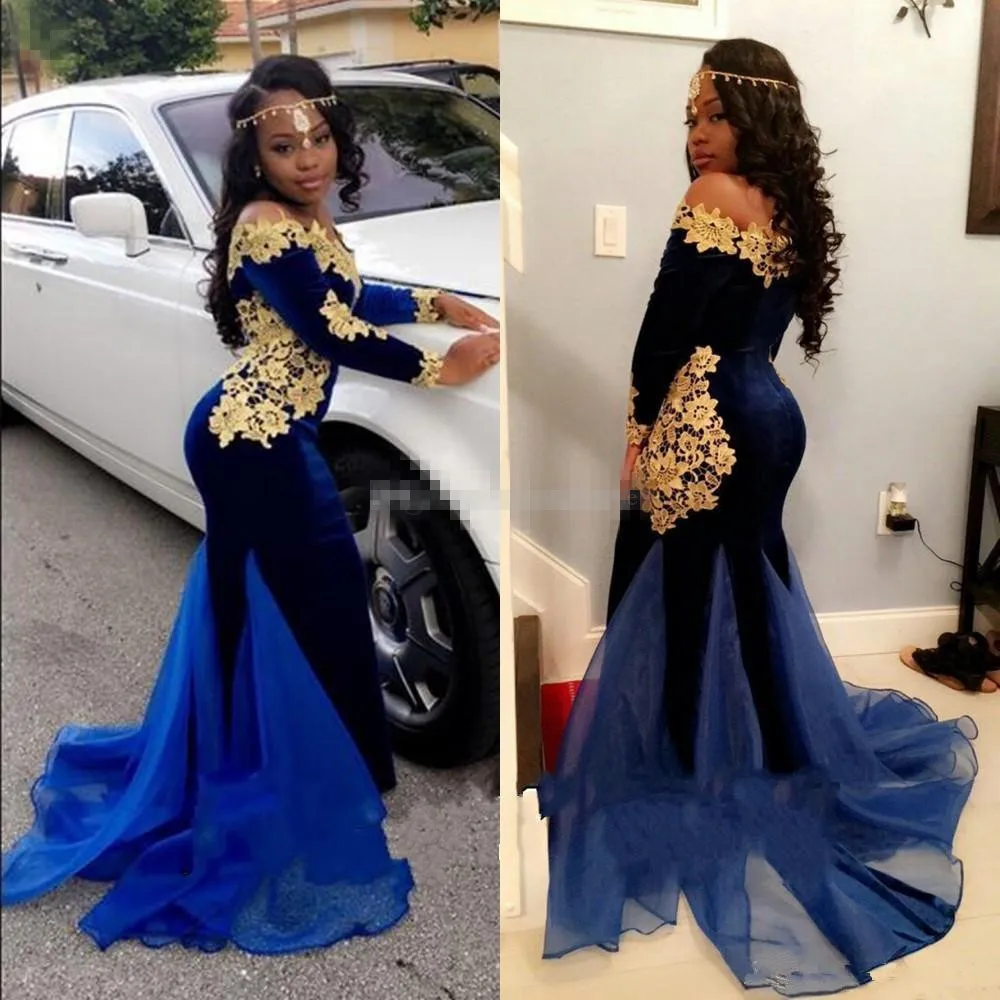 2019 Nowa Republika Południowej Afryki Długie rękawy Prom Dresses Elegancki Dekolt Łódkowy Długość podłogi Mermaid Royal Blue Velvet Suknie Wieczorowe Z Złotą Koronką