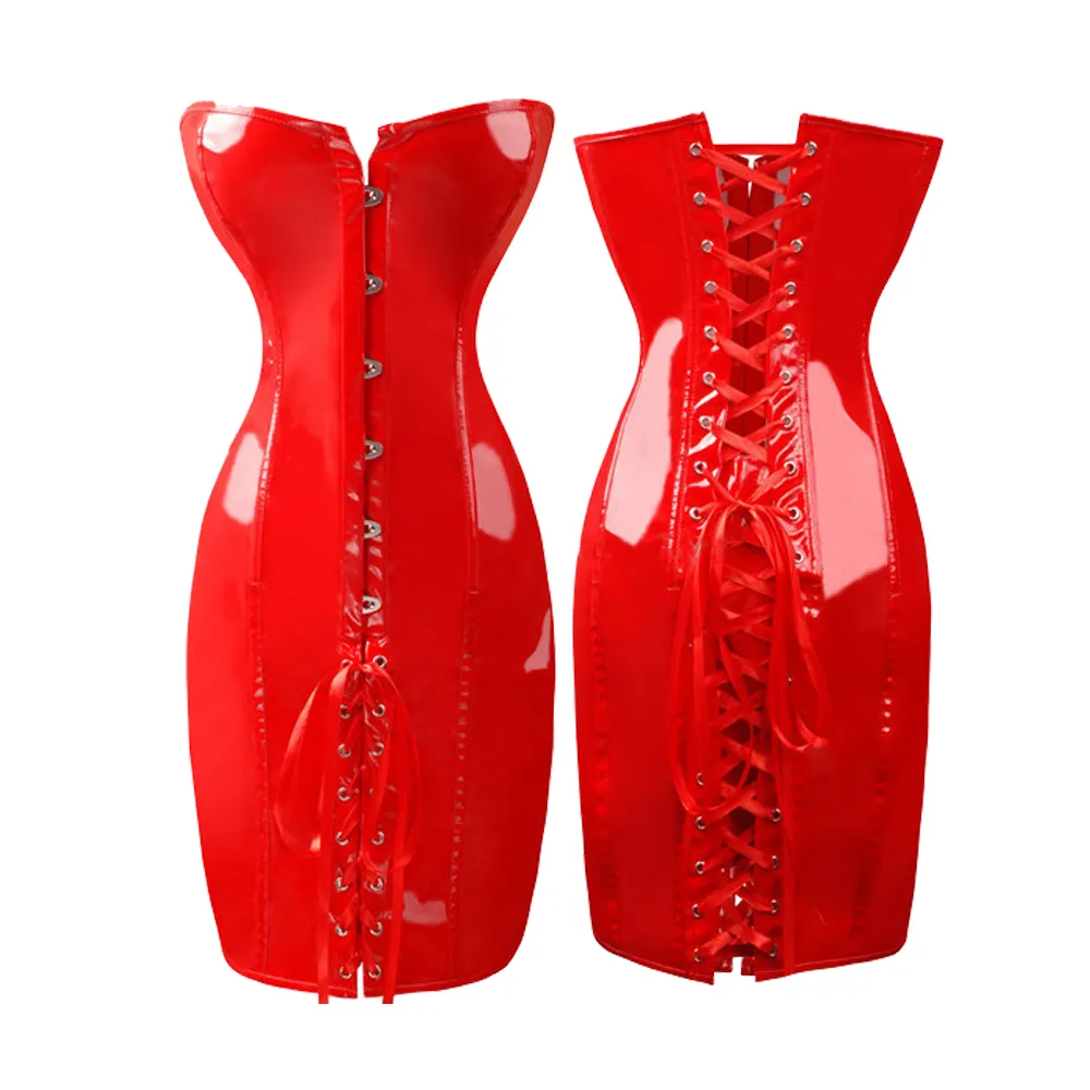 Plus Size Dames PVC Corset Sexy Party Casual Gothic Jurk Bodycon Glanzend Lace Up Catsuit Vintage Lange Bustier