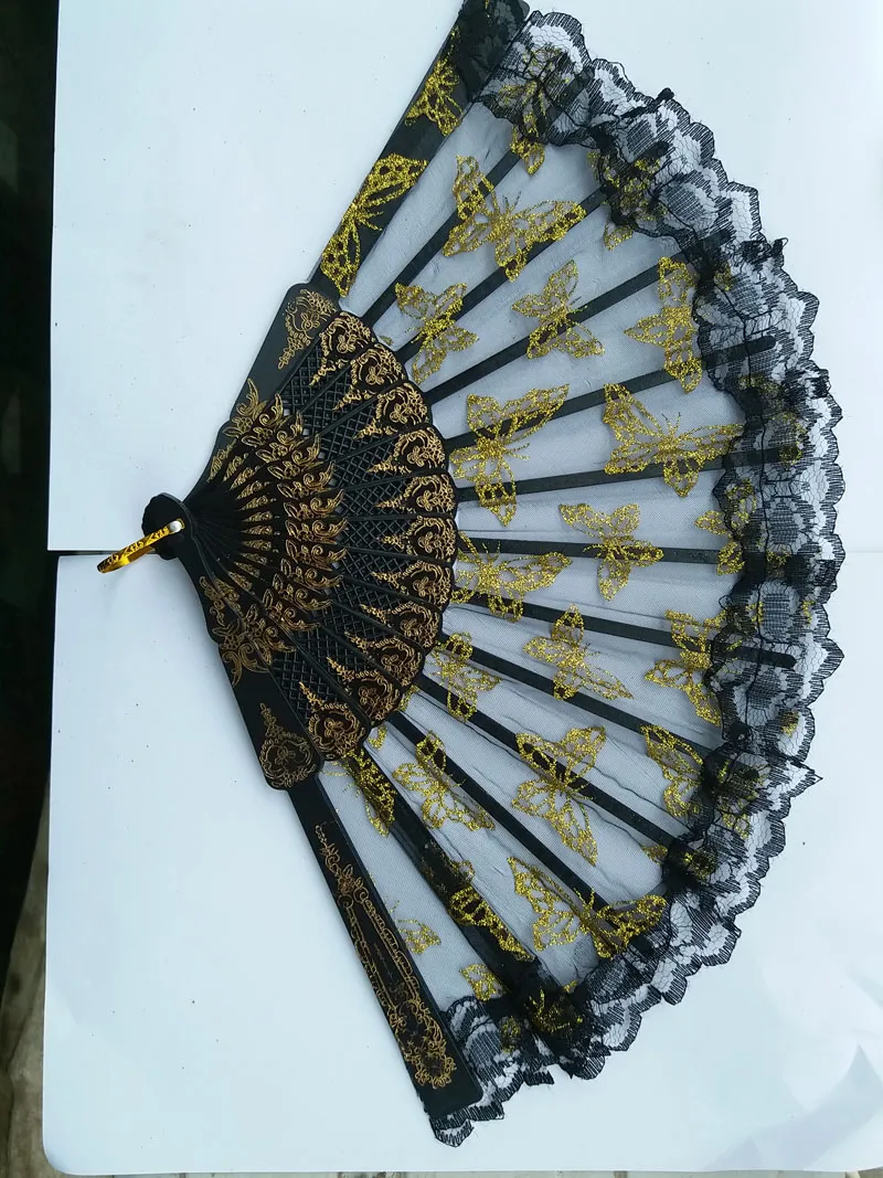 Kinesisk stil Lace Gilt Edge Plastic Fan Needle Point Gold Butterfly Transparent Lace Plastic Handheld Folding Fans 60st / 