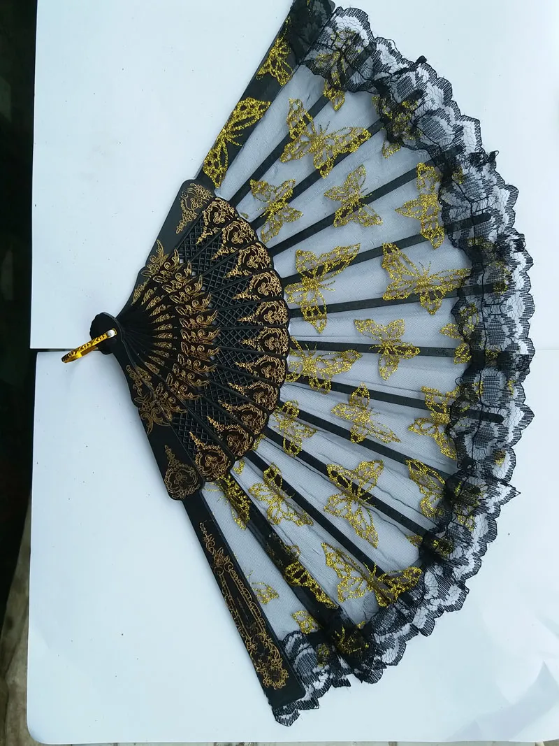 Chinese Style Lace Gilt Edge Plastic Fan Needlepoint Gold Butterfly Transparent Lace Plastic Handheld Folding Fans / 