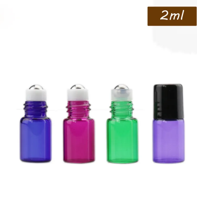 Hot 1200 SZTUK 2ml Puste Mini Roll-On Butelki szklane Z Metalowym Walcem Czerwony Purpurowy Niebieski Zielony Bursztynowy Wyczyść Essential Oil Próbki Butelki 2CC