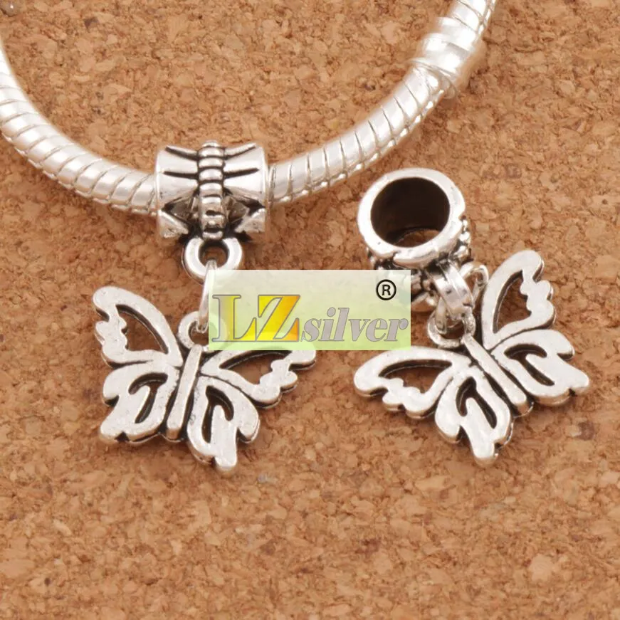 Open Flower Papilio Butterfly Big Hole Koraliki 100 sztuk / partia Antique Silver Fit Europejskiej Charm Bransoletki Biżuteria DIY B1108 15x30mm