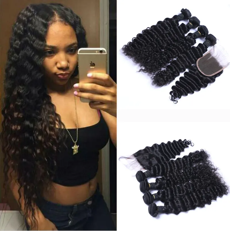 Brazilian Deep Wave Curly Hair 3 Bundles with Closure Free Middle 3 Part Double Weft Human Hair Dyeable Human Hair Weave