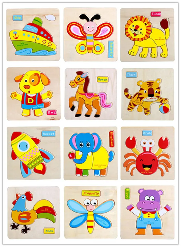 24 estilos Niños linda animales rompecabezas de madera 15 * 15cm del bebé Bebés colorido de madera juguetes vehículos de inteligencia del rompecabezas de animales para 1-6T