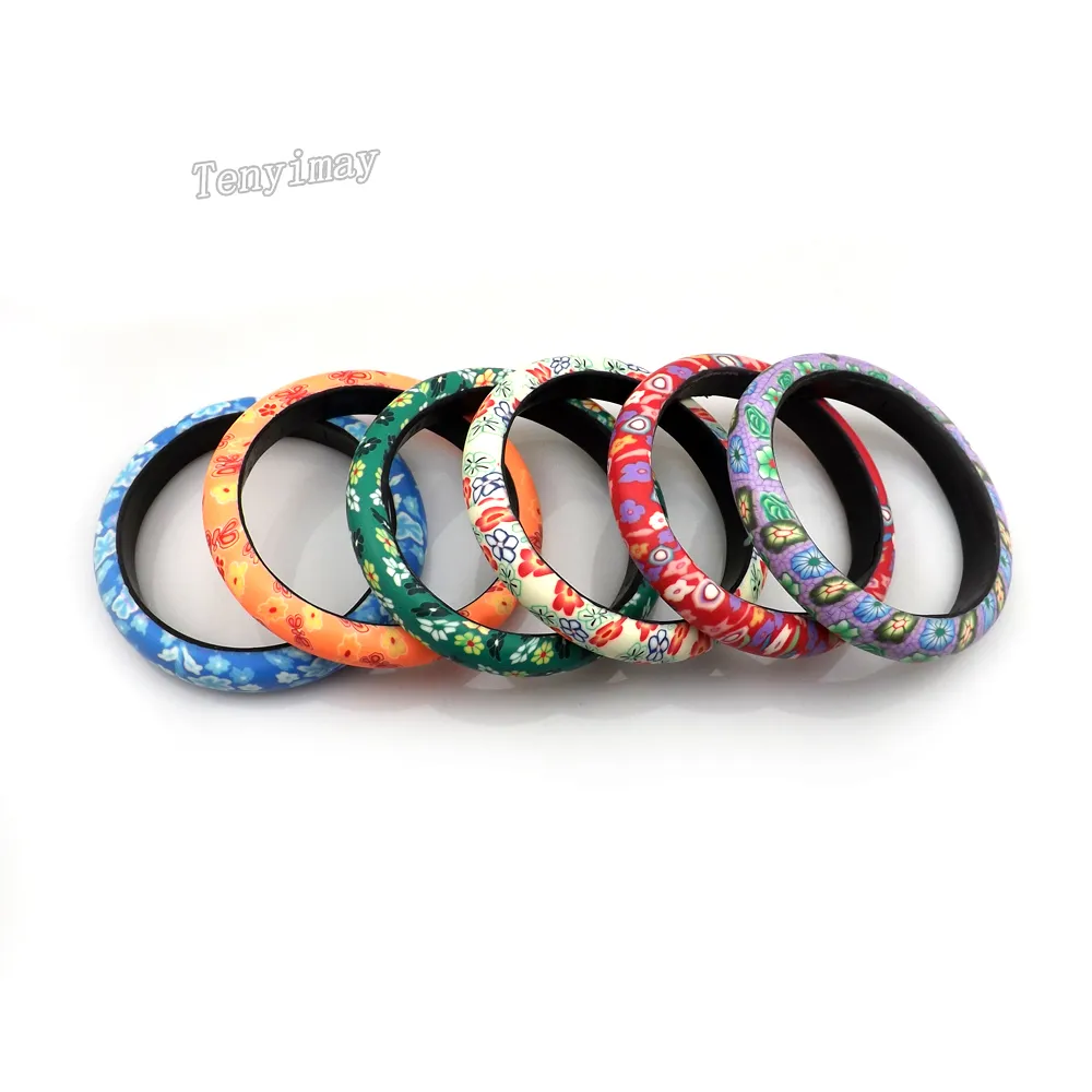 Mixed Color 12mm Width Printed Flower Design Polymer Clay Bangles For Women Wholesale 24pcs/lot