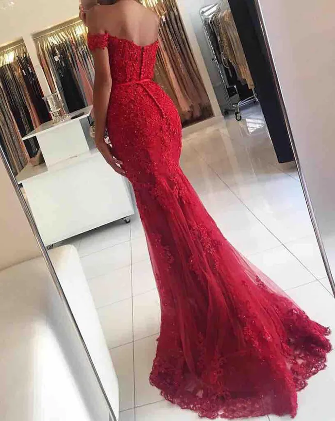 Fashionable Red Prom Dress Off Shoulder Lace Tulle Mermaid Party GownBeaded Prom Evening Dresss New