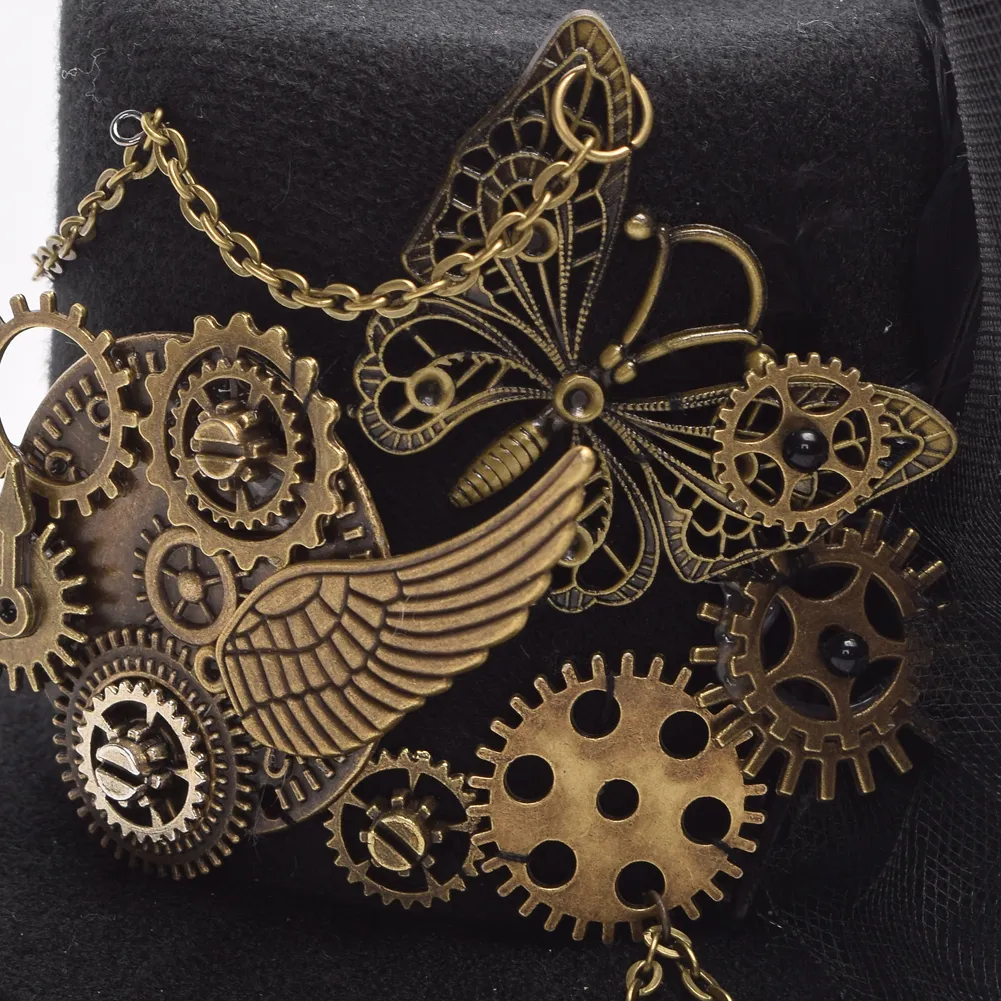 Preto gótico feminino steampunk engrenagem asas relógio borboleta min topo chapéu laço grampo de cabelo headwear cosplay acessório6828602