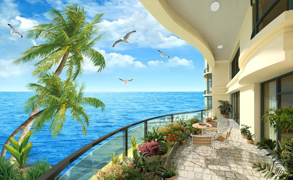 Hohe Qualität anpassen Größe Moderne mediterrane Villa Balkon Blick Wand 3D Wallpaper 3D-Tapeten für tv Hintergrund