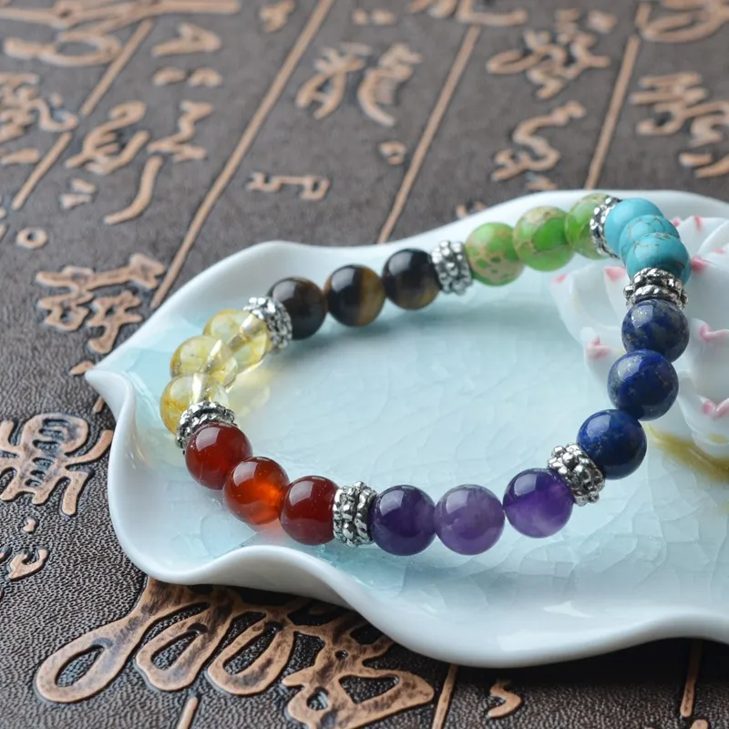 12 pièce/ensemble 8mm 7 Chakra perles de pierre naturelle colorée Bracelet en cristal pour les femmes Bracelets de corde tressée Reiki bijoux de Yoga spirituel