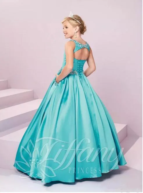 Vendite calde Ragazze Pageant Kid Abbigliamento formale Abiti Cristalli Perline Principessa Lunghezza pavimento Abito da compleanno Abito da ragazza con lacci Vestito da ragazza