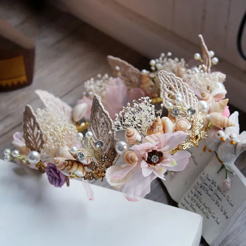 DIY aşk romantik kabuk saç asma düğün yaprağı inci saç aksesuarları lüks çiçek kristal gelin taç pembe rhinestone tiaras fo8714638