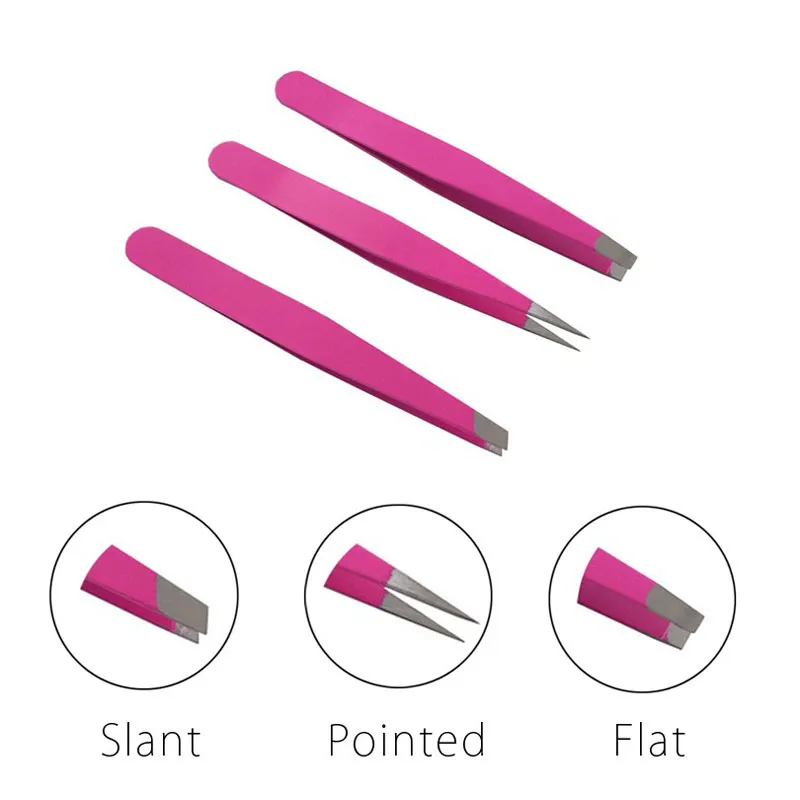 Roestvrijstalen 3 stks Eyebrow Tweezer Set 9.6 cm Slant Tip / punt Tip / Flat Tip Rose Eyebrow Pincet voor Haarverwijdering Gezicht Schoonheid ZA2360