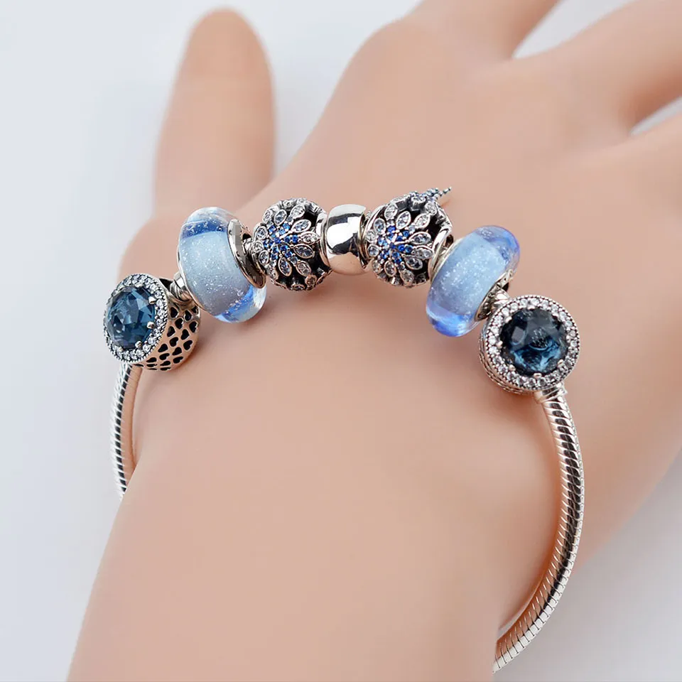 100% 925 Joyas de plata Pandora Charm Beads Pulsera de colocación de cristal azul
