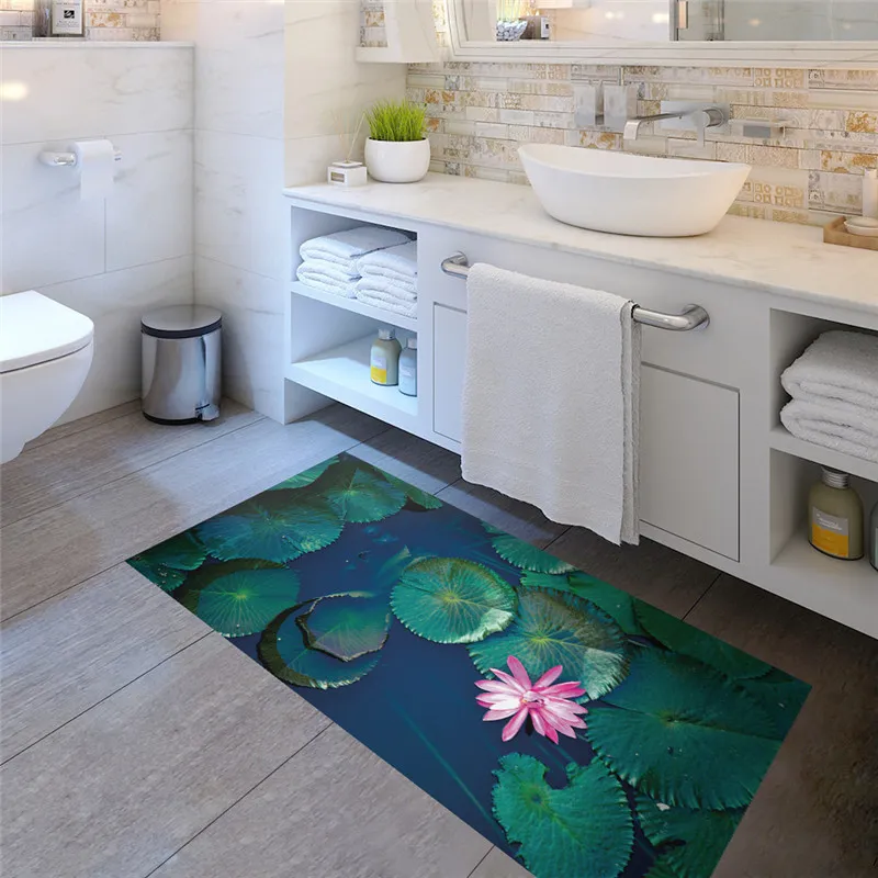 Imperméable à l'eau antidérapant Lotus étang autocollants de sol tapis pour enfants chambre décalcomanies décor à la maison paysage salle de bain autocollant mural décoration