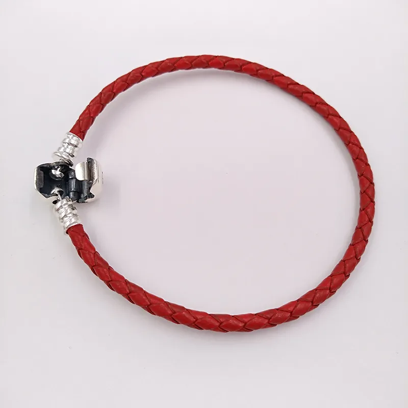 Pulseira Moments de Couro Trançado Simples - Vermelho Autêntico Prata Esterlina 925 Adequado Estilo Pandora Europeu Joias Amuletos Contas Andy Jewel 590705CRD-S3