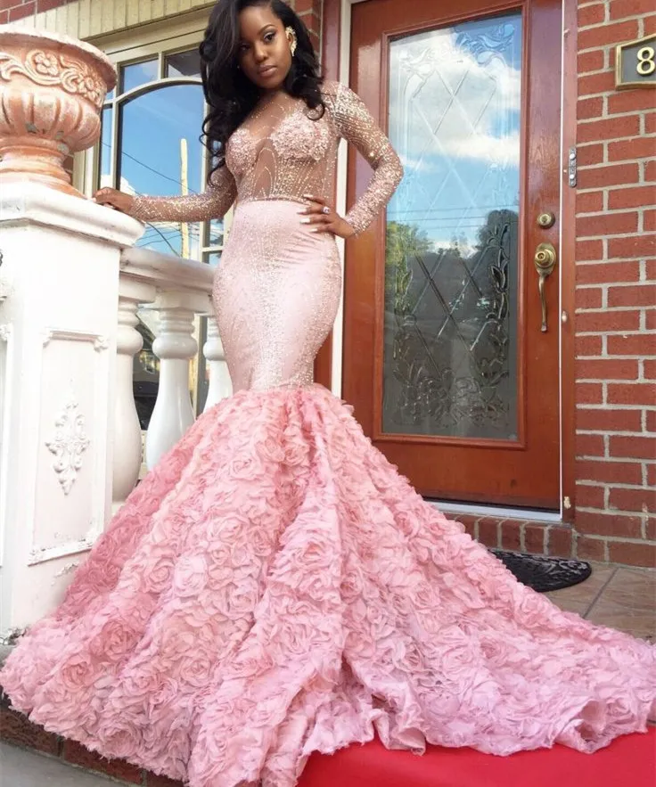 2K17 Sexy Black Girl Prom Dress Sequins Beading Long Sleeves See Through Evening Dress Charming Pink Floral Chapel Train Satin Evening Gowns