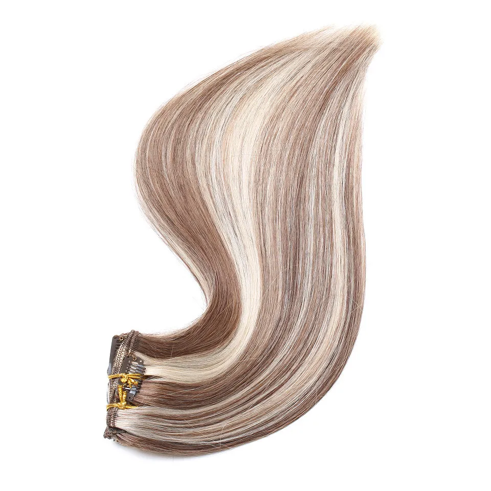 8 sztuk / zestaw 100g Chestnut Brown Highlight Blonde Clip In Hair Extensions Double Weft Piano 6/613 Clip in Human Hair Extensions