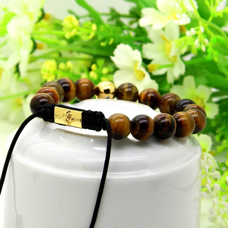 Nouveau En Gros / Hommes Plaqué Or Clair Cz Avec 10mm Tiger Eye Pierre Perles Tressage Bracelet