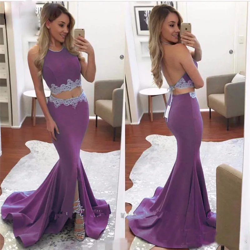 Prom Jewel Pieces Two Sleeveless Evening Dresses Backless Mermaid Peplum Split with Lace Applique Custom Made Formal Party Gowns