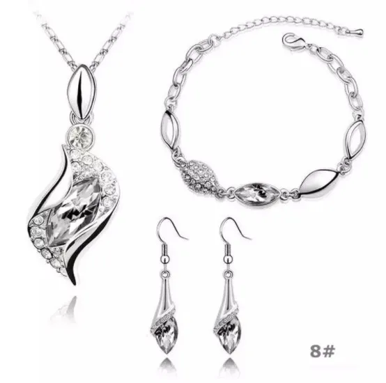 Ohrringe Silber Schmuck Sets Heißer Verkauf Kristall Ohrringe Anhänger Halsketten Armbänder Set für Frauen Mädchen Party Geschenk Mode Schmuck Großhandel