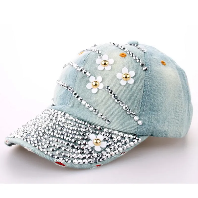 Nya modekvinnor denim tvättade Rhinestone baseballmössa med blommiga jeans simulering diamant kepsar snapback hattar hip hop hatts265o
