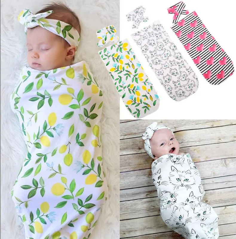 New Baby sleeping bag 만화 신생아 담요는 레몬 줄무늬를 인쇄합니다 swaddle + bows hair bands 유아용 담요 C2173을 설정합니다