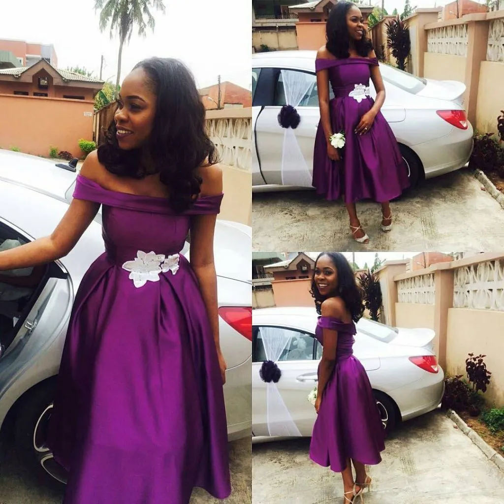 Purple Appliqued Short Bridesmaids Dresses Off The Shoulder Wedding Guest Dress A Line Tea Length Satin Maid Of Honor Gowns