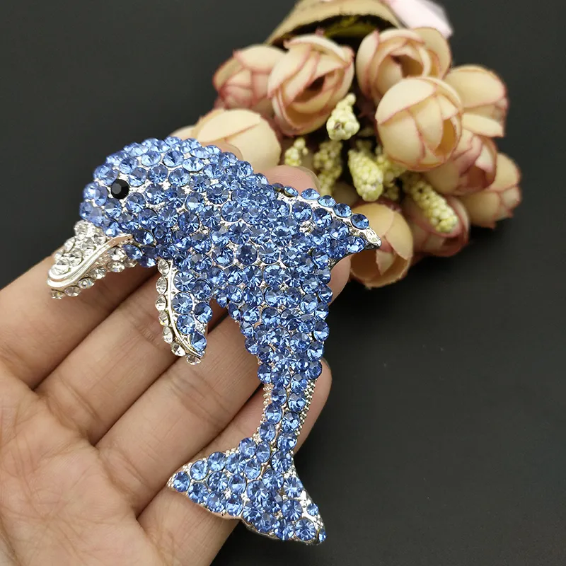 50 pz 76mm carino delfino pesce spilla pin tono argento blu e trasparente strass cristallo spille ocean animali pin per le donne