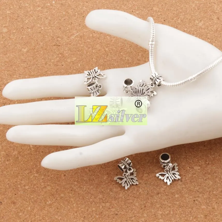 Open Flower Papilio Butterfly Big Hole Koraliki 100 sztuk / partia Antique Silver Fit Europejskiej Charm Bransoletki Biżuteria DIY B1108 15x30mm