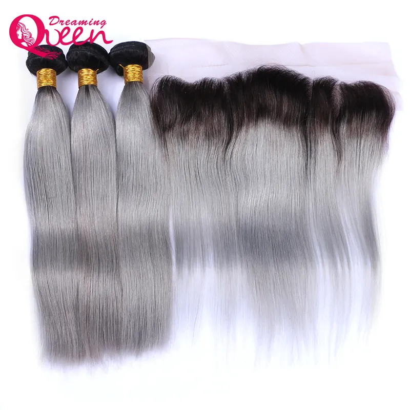 1B Grey Straight Ombre Brazilian Virgin Human Hair Extensions 3 Bundles With 13x4 Ear to Ear Lace Closure With Baby Hair Prepluck5361062