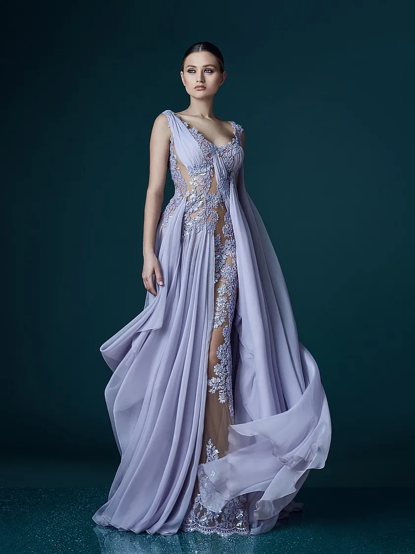 Deep V-neck Lavender Evening Dresses With Wrap Appliques Sheer Backless Celebrity Dress Evening Gowns 2017 Stunning Chiffon Long Prom Dress