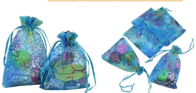 Coralline Organza Trekkoord Sieraden Verpakking Pouches Party Snoep Bruiloft Gunst Gift Tassen Design Sheer met Gilding Patroon 10 x14cm 100st