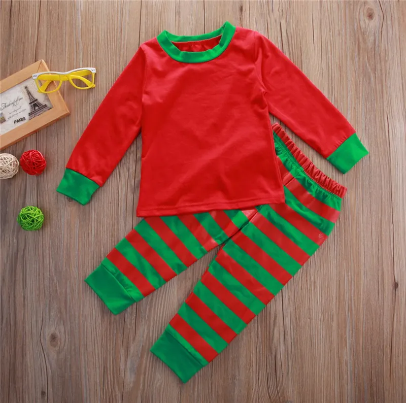 2018 детские рождественские пижамы дети пижамы топ + брюки мальчик девочка 2 шт. наряды хлопок сплошной цвет полосатый Рождество ребенок одежда