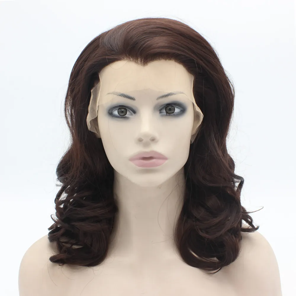 16" #33 Dark Auburn Wavy Heavy Density Heat Friendly Synthetic Hair Front Lace Wig