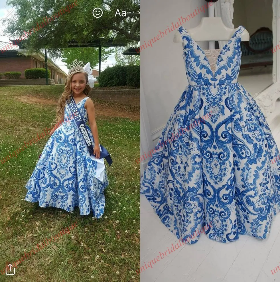 Toddler Infant Little Girls Kid Beauty Pageant Dresses 2019 Blue and White Porcelain Chinese Style Girls Birthday Party Formal Wear Gowns