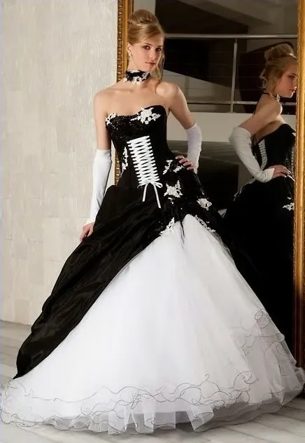 Vintage Zwart-wit Baljurken Trouwjurken 2019 Hot Koop Backless Corset Victoriaanse Gothic Plus Size Bruiloft Bruidsjurken Goedkoop