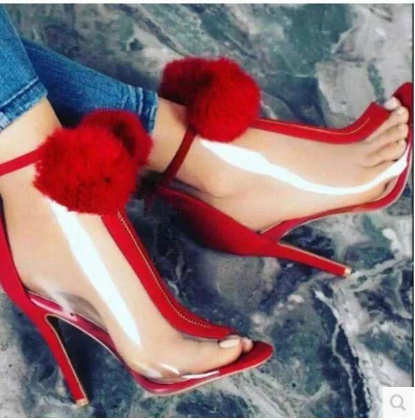 2017 donne sexy stivali in PVC moda pom pom stivaletti tacco sottile peep toe stivaletti trasparenti scarpe eleganti tacco alto stivali con zip anteriore