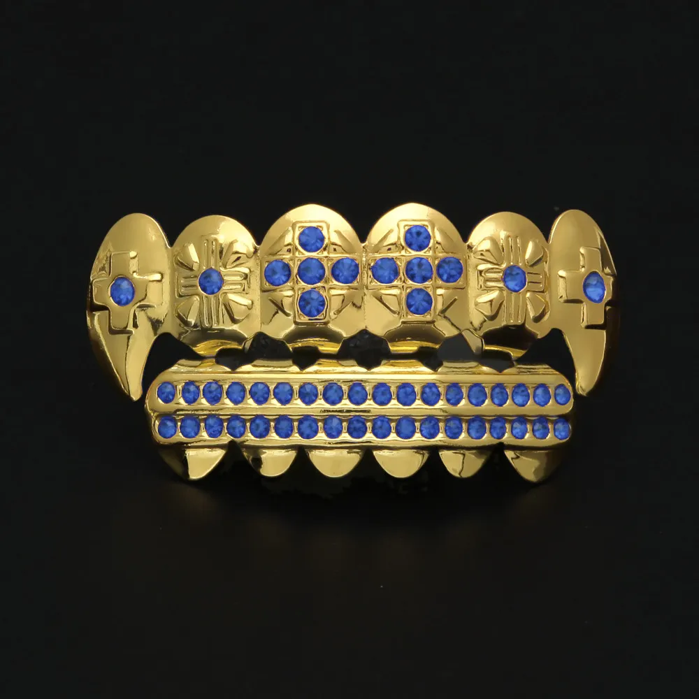 Ny guldpläterad iced out blue cz rhinestone hip hop tänder för mun grillz kepsar topp botten grill uppsättning vampyr tänder smycken